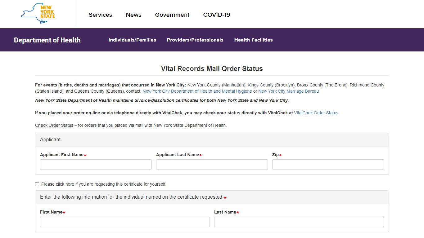 Vital Records Mail Order Status | Survey Builder - Government of New York